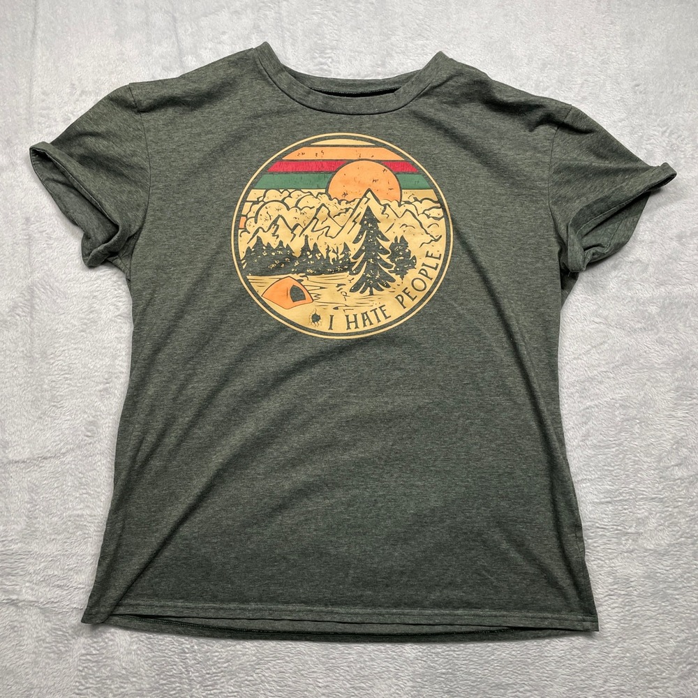 I Hate People Graphic T-Shirt Womens XL Green Mountain Camping Tee